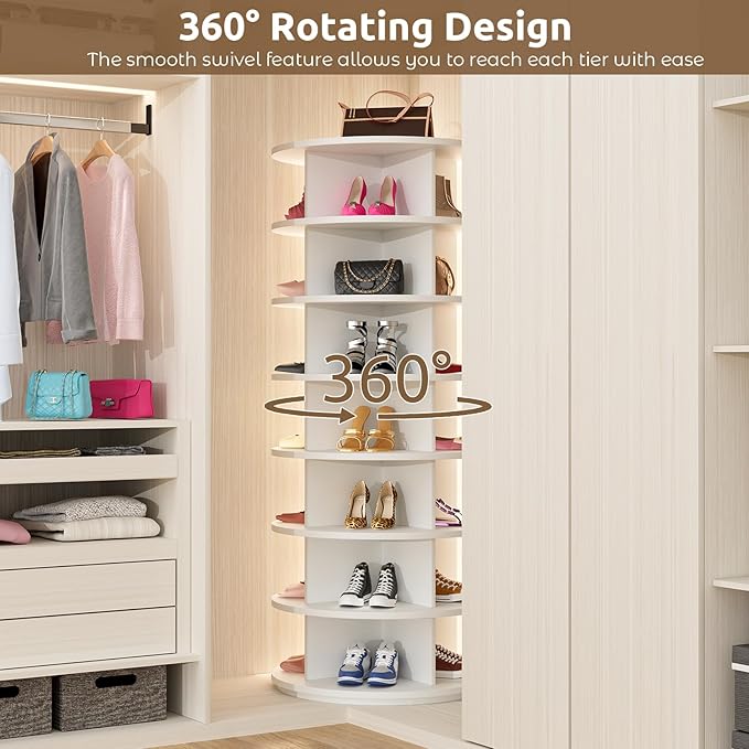 Rotating Shoe Rack 7 Tier Spinning Shoes Organizer Tower for 28-32 Pairs Lazy Susan 360 Revolving Shoe Storage Cabinet Rotate Shoe Handbag Rack Round Carousel for Closet, Bedroom (White)