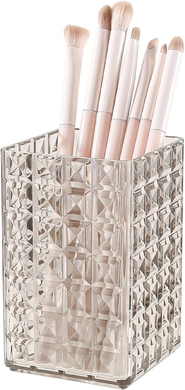 DASITON Makeup Brush Holder Organizer, Acrylic Makeup Brush Cup, Diamond Striped Make Up Brush Holder for Vanity, Bathroom Countertop, Toothbrush Holders, Pen Holder for Desk Storage (Gray)