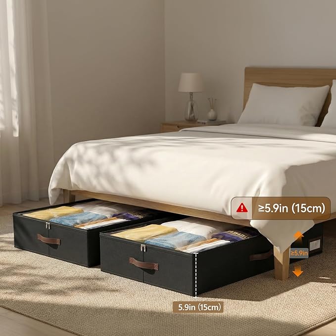OIAHOMY 2 Pack Under Bed Storage with 4 Compression Bags, Underbed Organizers for Bedroom & Closet, Fits Beds Higher than 5.9", Space-Saving for Seasonal Clothes, Blankets & Shoes - Black
