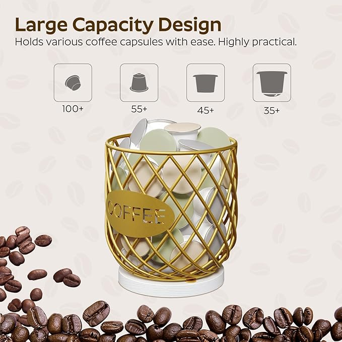 YATINEY Coffee Pod Holder Organizer, Holder for K Cup, Large Capacity Coffee Pod Basket, Versatile Coffee Capsule Storage Organizer, for Kitchen Countertop, Gold and White KH09DW