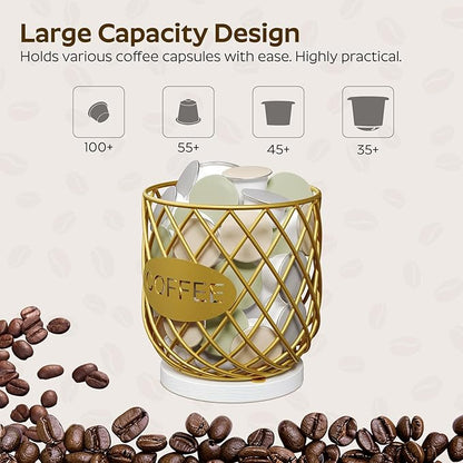 YATINEY Coffee Pod Holder Organizer, Holder for K Cup, Large Capacity Coffee Pod Basket, Versatile Coffee Capsule Storage Organizer, for Kitchen Countertop, Gold and White KH09DW