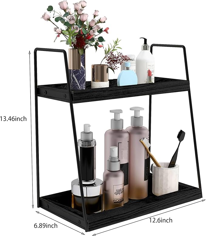 Dorhors 2 Tier Bathroom Counter Organizer Storage,Vanity Organizer for Bathroom Counter,Wood Standing Rack for Kitchen(Black)