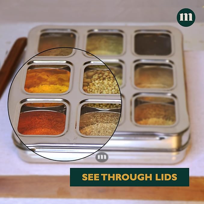 MARU Stainless Steel 9-in-1 Square Masala Dabba – Spice Box with 9 Round Containers, Individual See-Through Lids, and Durable Design for Easy Kitchen Storage (9 IN 1 Without inside lids)