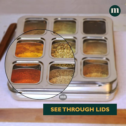 MARU Stainless Steel 9-in-1 Square Masala Dabba – Spice Box with 9 Round Containers, Individual See-Through Lids, and Durable Design for Easy Kitchen Storage (9 IN 1 Without inside lids)