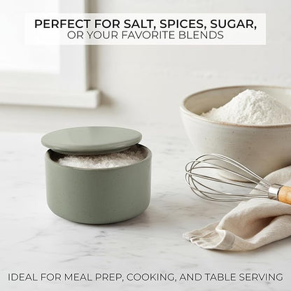 KIBAGA Beautiful Ceramic Salt Cellar with Lid - Spacious Container for Your Kitchen Countertop Keeps Salt Flakes Dry & Fresh - A Decorative Box/Holder For Any Kitchen