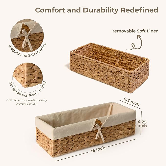 Tank Topper Storage Baskets - Woven Wicker Basket for Toilet Paper Holder, Baskets for Vanity, Bathroom, Pantry Organizing, or Coffee Table Decor Pack of 02 Waterhyacinth