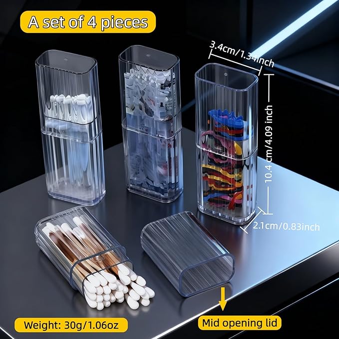 Clear Mini Storage Boxes with Mid Opening Lid, Transparent Travel Cotton Swab Organizer for Cosmetics, Hair Ties, Dental Floss, 4.1 x 1.3 x 0.8 Inches, 4 Pack