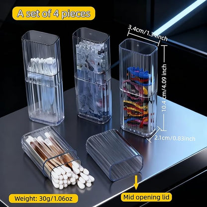 Clear Mini Storage Boxes with Mid Opening Lid, Transparent Travel Cotton Swab Organizer for Cosmetics, Hair Ties, Dental Floss, 4.1 x 1.3 x 0.8 Inches, 4 Pack