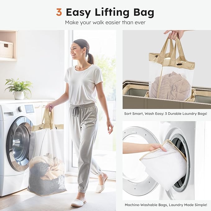 SOLEDI 180L 3-Section Laundry Hamper with Lid, Extra Large Dirty Clothes Basket with Sturdy Handles for Laundry Room & Bedroom - Durable Organizer for Sorting Laundry