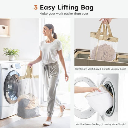 SOLEDI 180L 3-Section Laundry Hamper with Lid, Extra Large Dirty Clothes Basket with Sturdy Handles for Laundry Room & Bedroom - Durable Organizer for Sorting Laundry