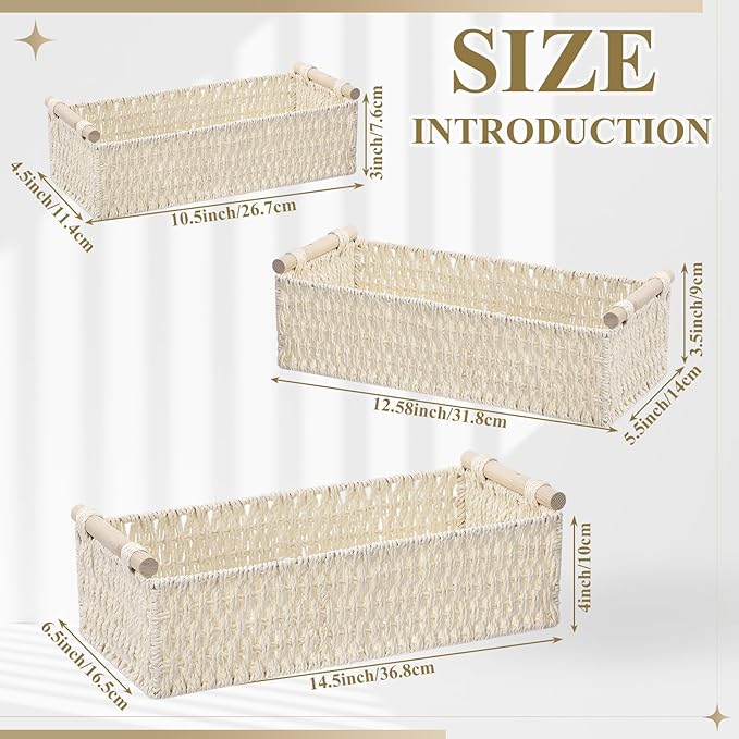 Boao 3 Pcs Boho Storage Wicker Baskets Handmade Woven Decorative Paper Rope Baskets for Organizing with Handle Countertop Toilet Paper Storage Container for Toilet Tank Top (Beige,Rectangle)