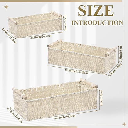 Boao 3 Pcs Boho Storage Wicker Baskets Handmade Woven Decorative Paper Rope Baskets for Organizing with Handle Countertop Toilet Paper Storage Container for Toilet Tank Top (Beige,Rectangle)