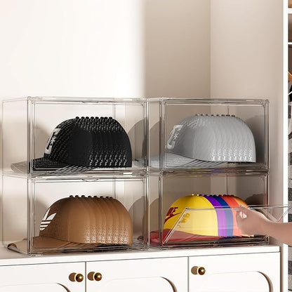 Hat Organizer Box, 2 Pack Hat Storage for Baseball Caps, Stackable Cap Hat Container Holder Rack with Magnetic Lids, Dustproof and Waterproof Acrylic Dispaly Case