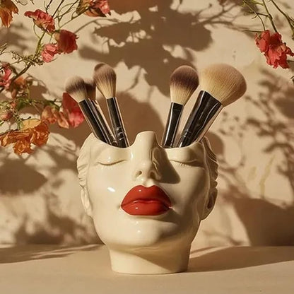 Women's Head Shape Boho Feminist Decoration, Minimalist Statue Storage Decor Face Makeup Brush Holder, Modern Statue Storage Makeup for Table Shelf Living Room Office (Beige 5.90 * 4.72 * 3.15in)
