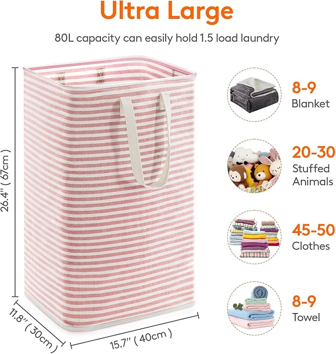 Lifewit 1 Pack Laundry Basket 80L Each, Collapsible Clothes Hamper with Reinforced Handles, Freestanding Waterproof Design for Bedroom and Laundry Room, Pink 80L Total