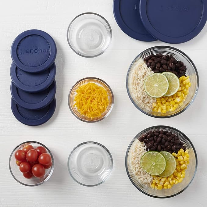 Anchor Hocking 12 Piece Glass Storage Containers with Lids (6 Glass Food Storage Containers & 6 Navy Blue SnugFit Lids) (Pack of 2)