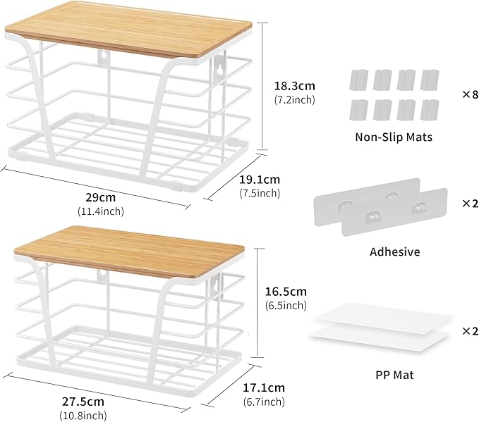 TIDIIABODE 2 Pack Kitchen Organization for Onions,Potatoes - Fruit Basket for Kitchen Counter & Storage Basket,Stackable Storage Bins with Bamboo Top & Lightweight PP Mat,White