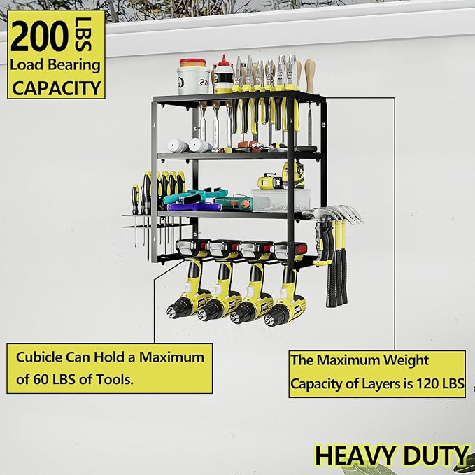 AZERPIAN Tool Organizer Heavy Duty Power Wall Mount for Drill and Cordless Tools Heavy Duty Rack for Garage Organization Workshop Pegboard (3 Layers 4 Slots)