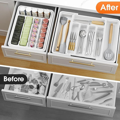 SpaceHacks Silverware Organizer，Adjustable & Expandable Utensil Drawer Organizer, BPA Free Utensil Holder, Cutlery Tray for Forks, Spoons, Knives in Kitchen, Medium, White