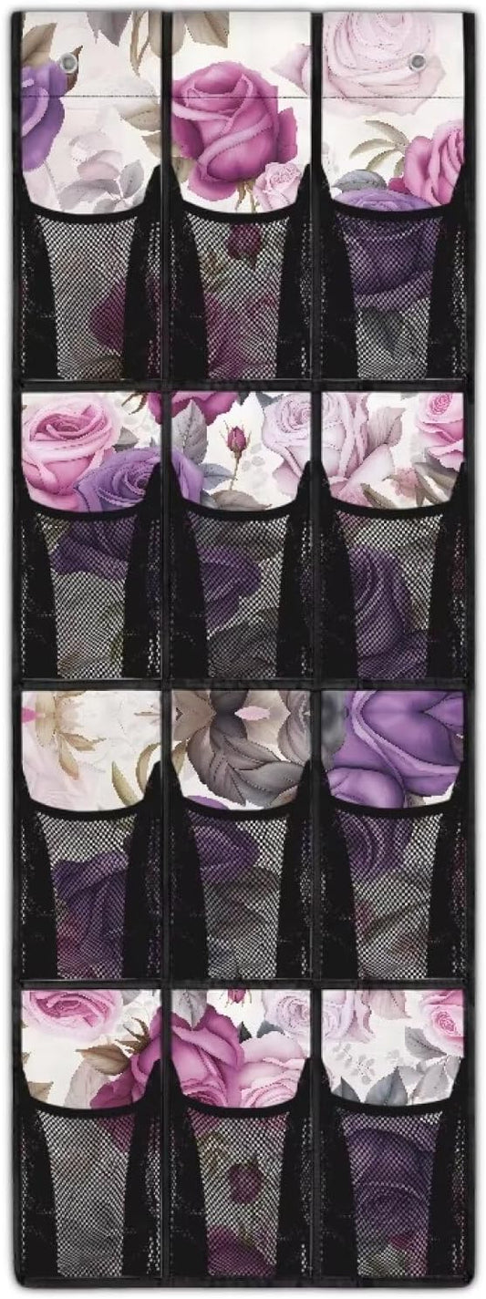 Over the Door Shoe Organizer, Rose 12 Large Breathable Mesh Pockets Behind the Door Storage Organizer Space Saving Hanging Storage Bag No Drill Door Rack for Shoes and Accessories