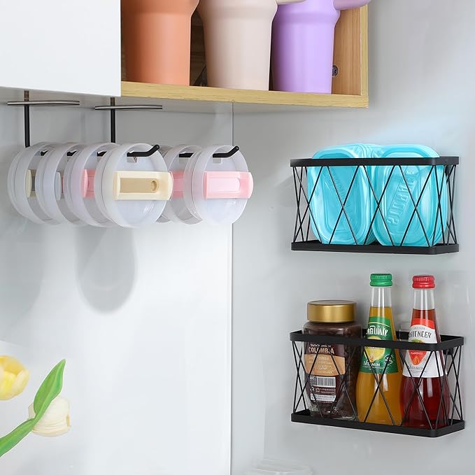 YIGII Kitchen Cabinet Organizer, 4 Pack Over Cabinet Door Organizer with 2 Baskets & 2 Lid Holders, Inside Cabinet Food Container/Tumbler Lid Storage, Pot Lid Holders, Black