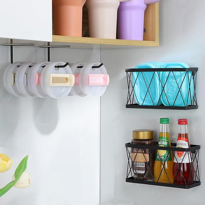 YIGII Kitchen Cabinet Organizer, 4 Pack Over Cabinet Door Organizer with 2 Baskets & 2 Lid Holders, Inside Cabinet Food Container/Tumbler Lid Storage, Pot Lid Holders, Black