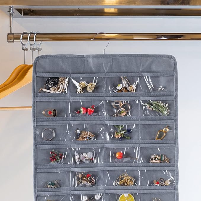 Bloss Hanging Jewelry Organizer, Earring Organizer Double Sided 80 Pocket Jewelry Chain Storage Bag 2 Layer of Fabric Jewelry Holder for Necklace Bracelet - Gray