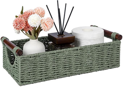 CubesLand Small Wicker Toilet Basket Tray Organizer W/Cut Out Handle, Handwoven Slim Decorative Basket for Countertop, Shelves And for Rustic Home Decor, Living Room, Nursery Organization, Green