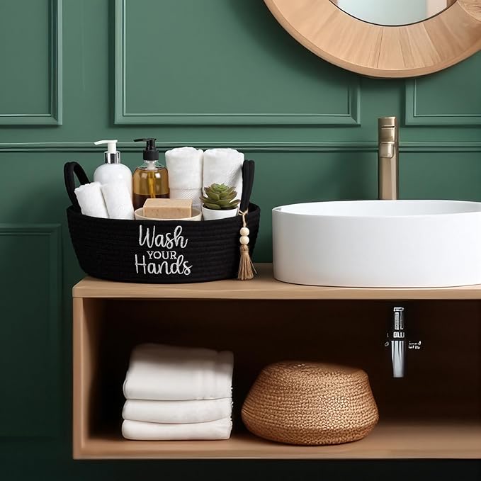 Wash Your Hands Bathroom Decoration Black Cotton Rope Toilet Basket Toilet Paper Holder Basket Rustic Bathroom Organizer Farmhouse Home Decoration Organizing Small Baskets
