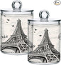 Paris Eiffel Tower Qtip Holder Dispenser 2 PCS Plastic Bathroom Canister Apothecary Jars with Lid 14 oz Vanity Makeup Storage Organizer for Cotton Swabs, Balls, Pads, Floss