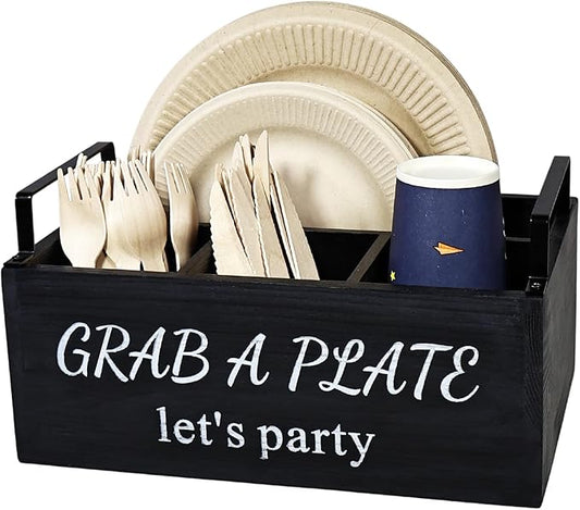 Paper Plate Holder, Utensil Caddy Organizer, Wood Paper Plate Dispenser, Silverware Caddy Holder, and Disposable Coffee Bar Accessories Box for Kitchen Counter, Party, Camping, Picnic (4 compartment)