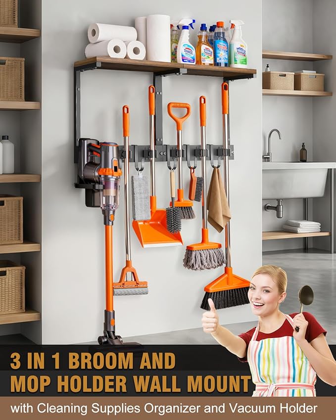 Supforce Broom Holder Wall Mount with Top Wooden Shelf, Heavy Duty Metal Cleaning Supplies Broom Hanger with Vacuum Organizer and 5 Slots & 5 Hooks for Laundry Garage Tool Storage Kitchen (Large)