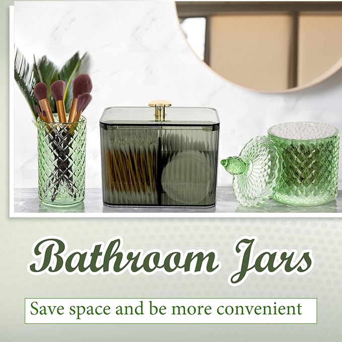 FoldTier 3 Pcs Cotton Ball Holder Dispenser Bathroom Set Cotton Ball Holder Swabs/ball Storage Box 3 Grids Partition Cosmetics Storage Dispenser for Vanity Tray Candy Container Jar For Home(Green)