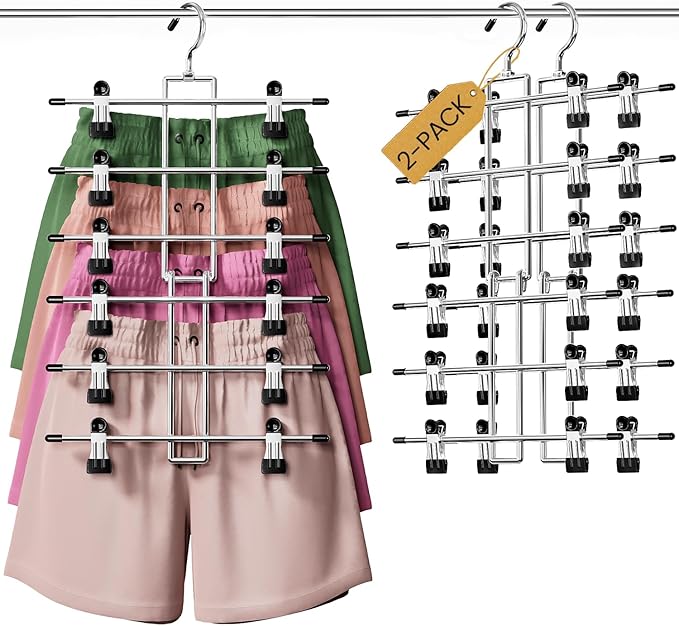 DAMITA Skirt Pants Hangers with Clips Space Saving Hanging Closet Organizer 6 Tiers Hanger with 360° Swivel Hook, Finger-Safe Design- College Dorm Room Apartment Essentials 2-Pack