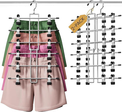 DAMITA Skirt Pants Hangers with Clips Space Saving Hanging Closet Organizer 6 Tiers Hanger with 360° Swivel Hook, Finger-Safe Design- College Dorm Room Apartment Essentials 2-Pack
