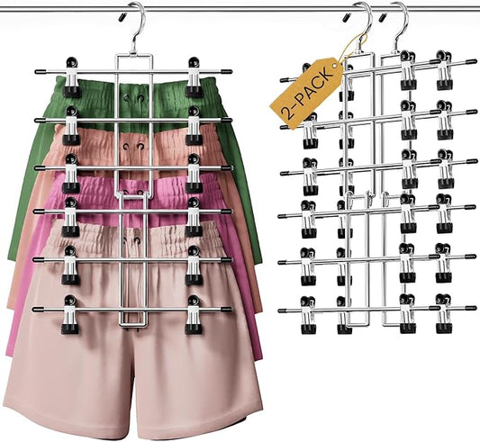 DAMITA Skirt Pants Hangers with Clips Space Saving Hanging Closet Organizer 6 Tiers Hanger with 360° Swivel Hook, Finger-Safe Design- College Dorm Room Apartment Essentials 2-Pack