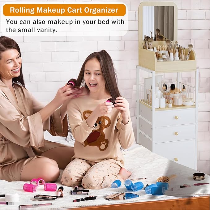 Makeup Organizer Cart with Vanity Mirror, Floor Skincare Organizers Make Up Organizers-Vanity Organizer Cosmetic Display Cases Holder for Skin Care Perfume Nail Polish Brush Hair Tool (White)