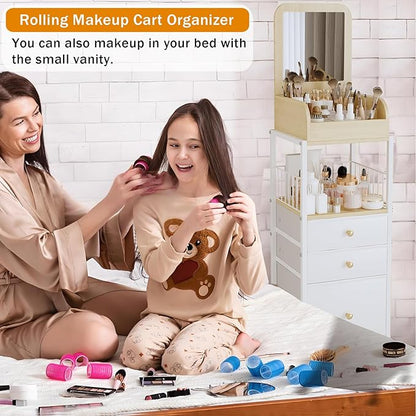 Makeup Organizer Cart with Vanity Mirror, Floor Skincare Organizers Make Up Organizers-Vanity Organizer Cosmetic Display Cases Holder for Skin Care Perfume Nail Polish Brush Hair Tool (White)