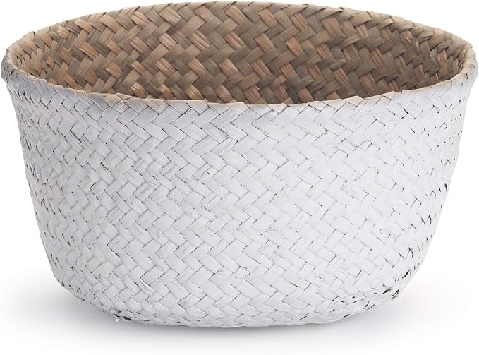 Seagrass Plant Basket with Handles, Natural Woven Storage Wicker Baskets (White S(7“ D x 8" H))