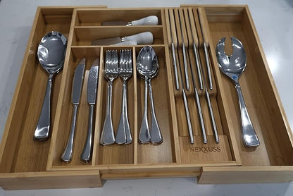 Nexxuss Bamboo Kitchen Drawer Organizer, Expandable Utensil Organizer with Removable Knife Block, Cutlery Tray Holder with Divider, Adjustable Silverware Organizer, Wood Tableware Dividers Storage