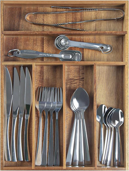 KITEISCAT Acacia Wood Silverware Organizer, Kitchen Utensil Drawer Organizer for Forks, Knives & Spoons, 6-Compartment Cutlery Tray, Flatware Holder