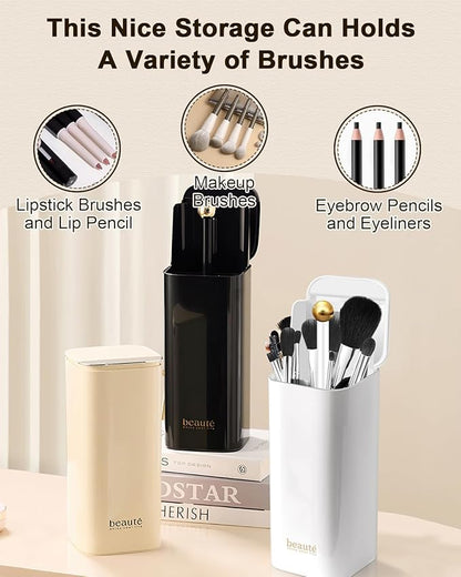 Upgrade Makeup Brush Holder Organizer with Lid, Automatic Lifting Dustproof Makeup Brushes Organizer with 4 Compartments for Vanity，Cosmetic Storage for Dresser Countertop and Bathroom (Black Gold)