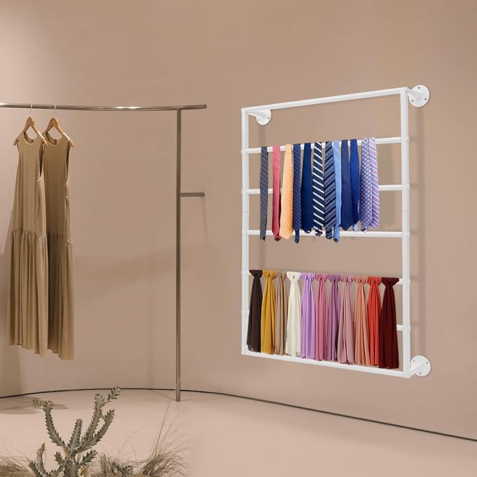 Wall Mounted Display Rack, 7-Tier Wall Mounted Scarf Rack, White Towels Storage Rack, Wrapping Paper Ribbon Organizer, Metal Wall Display Rack for Bedroom, Retail Store, Flower Shop