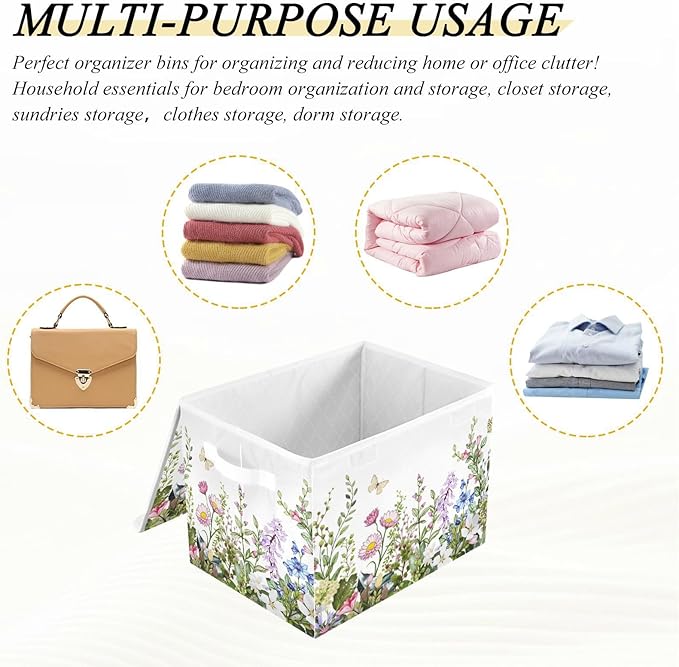 senya Spring Storage Baskets Collapsible Storage Bins with Lids, Spring Wild Flowers Butterfly Storage Boxes Clothes Baskets for Organizing