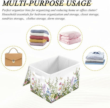 senya Spring Storage Baskets Collapsible Storage Bins with Lids, Spring Wild Flowers Butterfly Storage Boxes Clothes Baskets for Organizing
