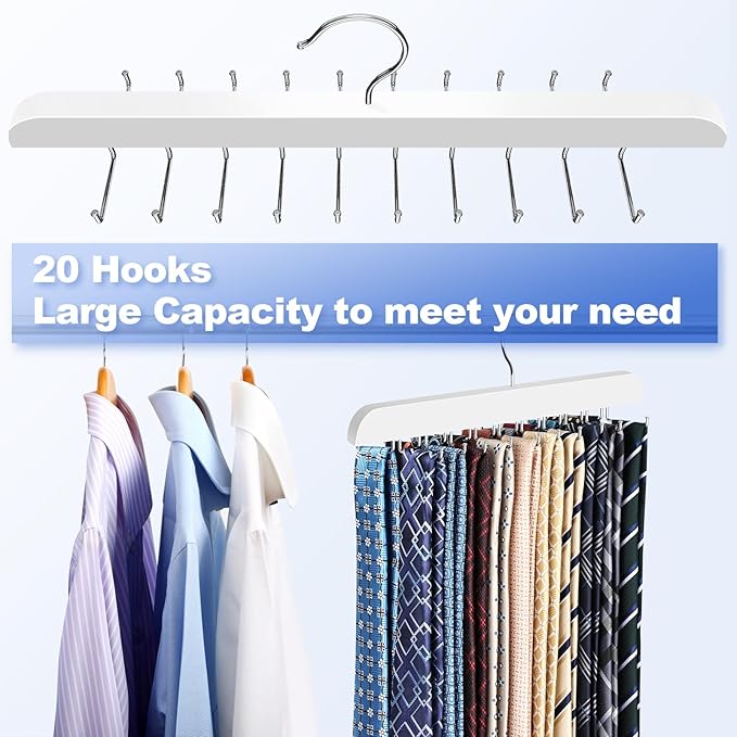 RESOVO Upgraded Tie Rack Hanger with 20 Foldable Metal Hooks, Space Saving Necktie Organizer for Men – Large Capacity Tie and Belt Wooden Hanger for Closet - White