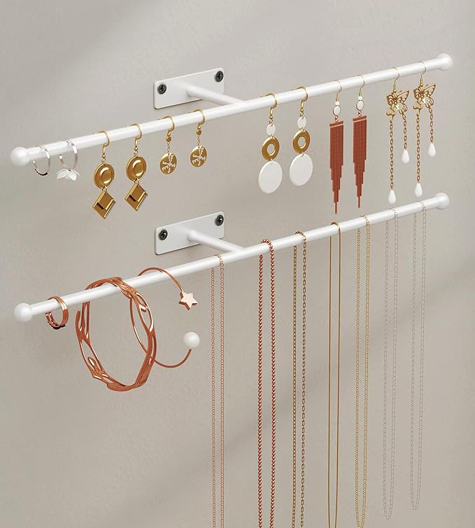 Wall Hanging Jewelry Organizer: 12.6'' Necklace Holder for Earring, Bracelet, Rings, Hairband, Glasses, White 2-Pack, Screws Included