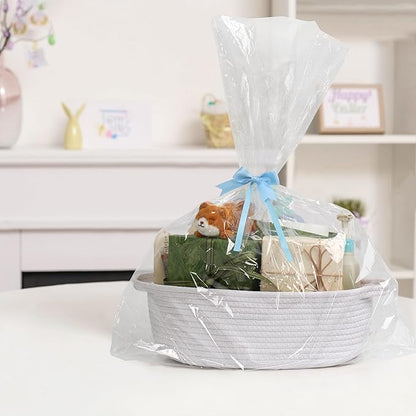 MEGASKET White Small Woven Basket, 13” x 9” x 5” Baskets for Gifts Empty Cotton Rope, Cute Nursery Baby Storage Organizer, Wicker Cat Toy Bin Box with Handles, Empty Gift Boo Basket