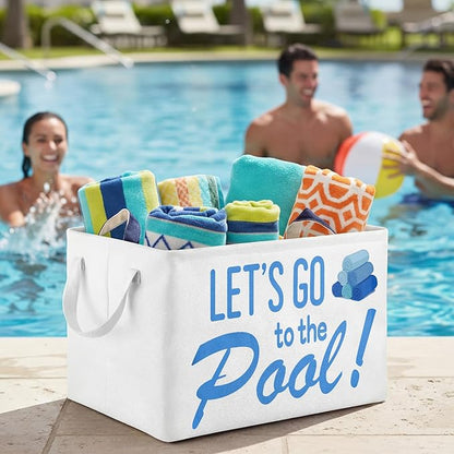 Yungyan Let's Go to The Pool Towel Storage Basket Bin and Organizer Large Pool Towel Storage Basket Waterproof Canvas Cube with Handle Beach Gift for Outdoor Summer Seaside Home Clothes Book Toy