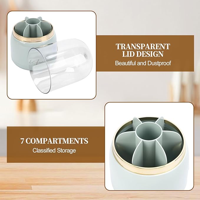 360° Rotating Silverware Utensil Holder for Kitchen Counter, Spoon and Fork Holder with Cover, Cooking Utensil Organizer with 7 Slots and Intermediate Drainage Device for Kitchen Decor(Green)